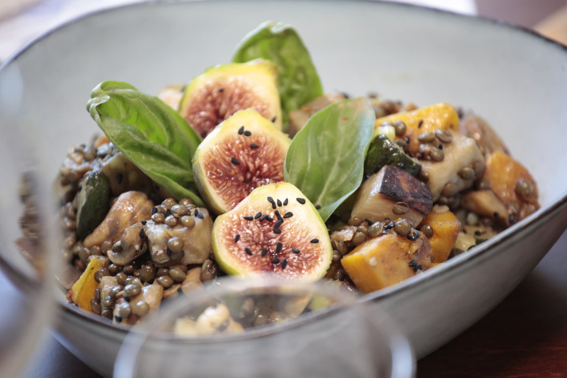 Lentil and roasted vegetable salad with fresh figs and basil — a light, balanced plant-based dish