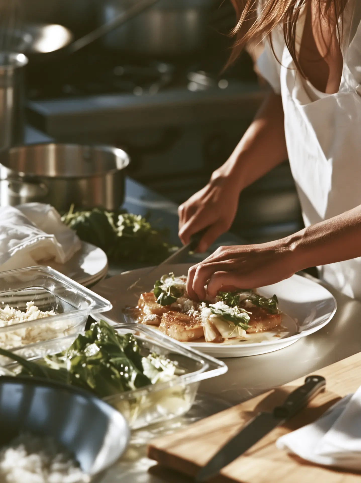 Chef plating a plant-based dish with precision in a professional kitchen
